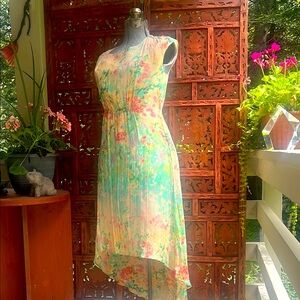 Sundance Green and Pink Cap Sleeve High Low Dress